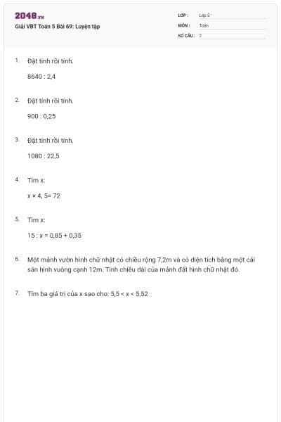 Giải VBT Toán 5 Bài 69: Luyện tập