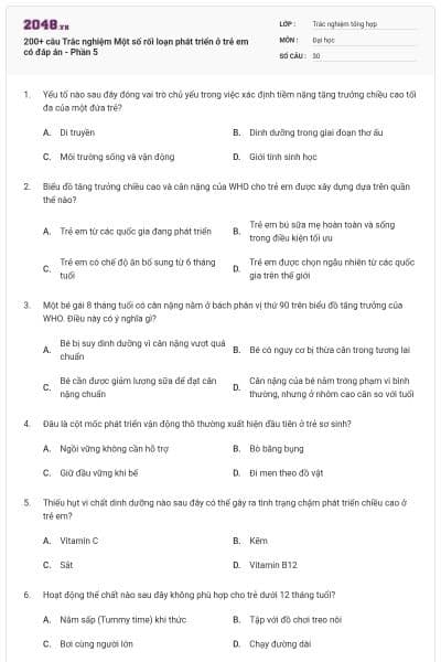 200+ câu Trắc nghiệm Một số rối loạn phát triển ở trẻ em có đáp án - Phần 5