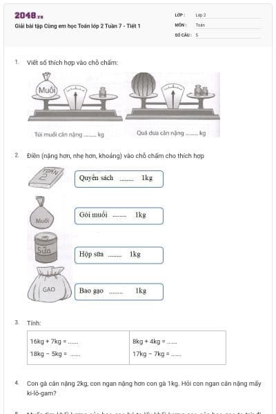 Giải bài tập Cùng em học Toán lớp 2 Tuần 7 - Tiết 1