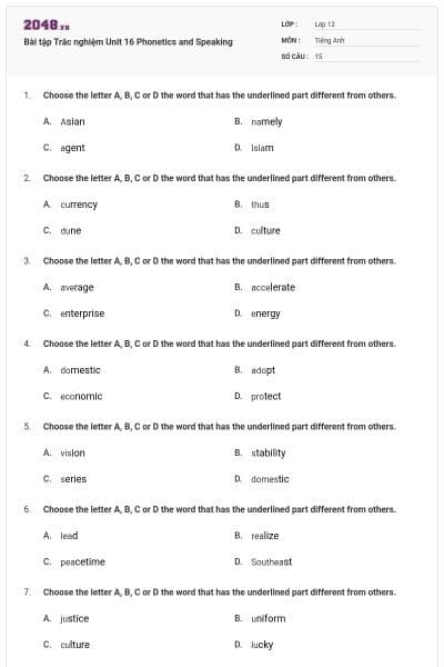 Bài tập Trắc nghiệm Unit 16 Phonetics and Speaking