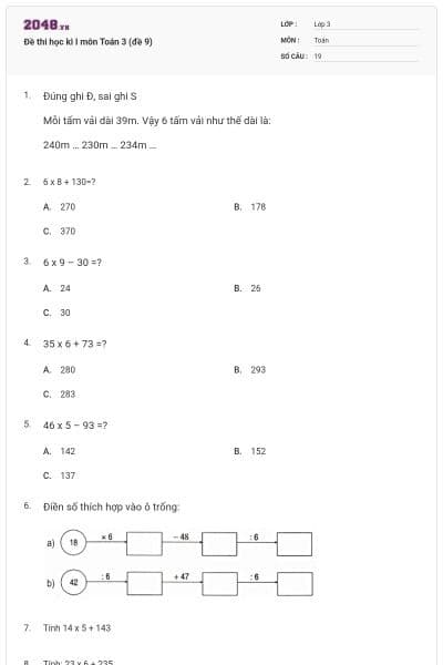 Đề thi học kì I môn Toán 3 (đề 9)