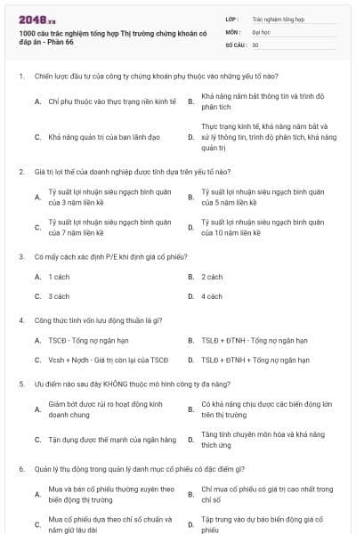 1000 câu trắc nghiệm tổng hợp Thị trường chứng khoán có đáp án - Phần 66