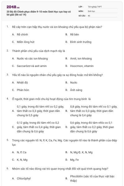 20 Bộ đề Chinh phục điểm 9-10 môn Sinh Học cực hay có lời giải (Đề số 14)