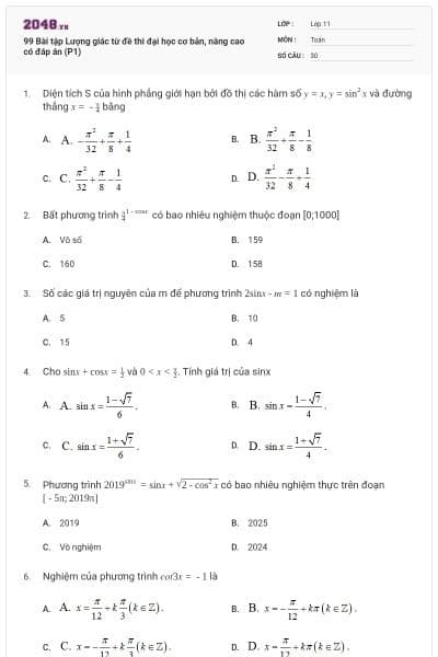 99 Bài tập Lượng giác từ đề thi đại học cơ bản, nâng cao có đáp án (P1)