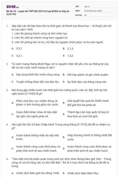 Bộ đề 10 - Luyện thi THPTQG 2019 tổ hợp KHXH có đáp án (Lịch Sử)