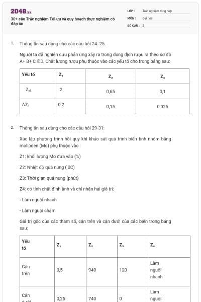 30+ câu Trắc nghiệm Tối ưu và quy hoạch thực nghiệm có đáp án