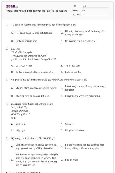 12 câu Trắc nghiệm Phân tích văn bản Ta đi tới (có đáp án)