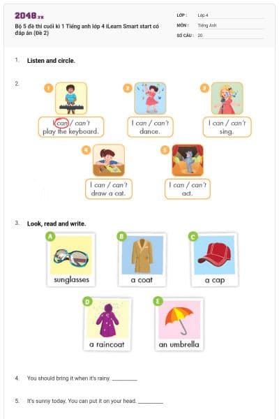 Bộ 5 đề thi cuối kì 1 Tiếng anh lớp 4 iLearn Smart start có đáp án (Đề 2)