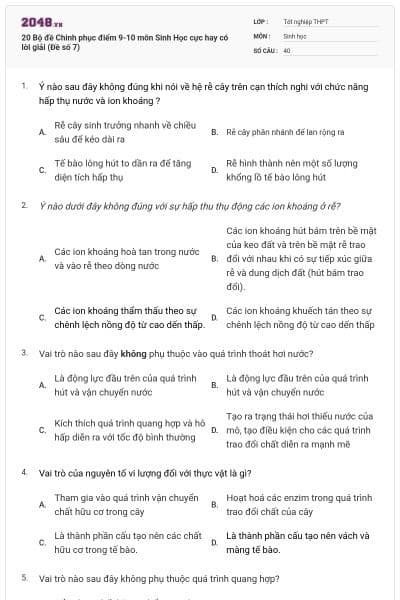 20 Bộ đề Chinh phục điểm 9-10 môn Sinh Học cực hay có lời giải (Đề số 7)