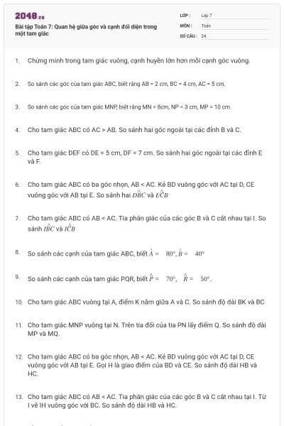 Bài tập Toán 7: Quan hệ giữa góc và cạnh đối diện trong một tam giác