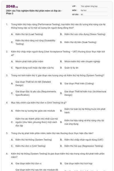 200+ câu Trắc nghiệm Kiểm thử phần mềm có đáp án - Phần 3