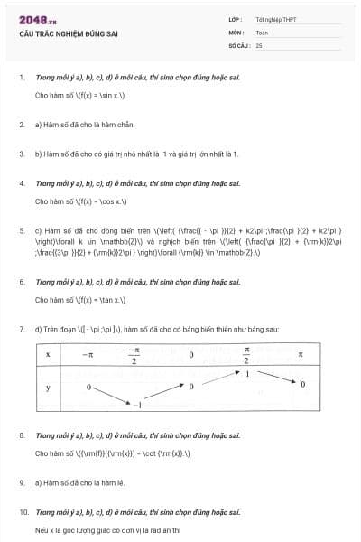 CÂU TRẮC NGHIỆM ĐÚNG SAI