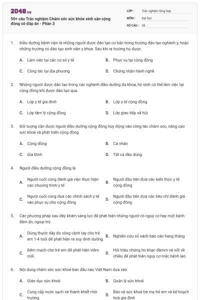 50+ câu Trắc nghiệm Chăm sóc sức khỏe sinh sản cộng đồng có đáp án - Phần 3