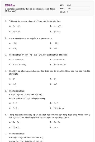 7 câu Trắc nghiệm Biểu thức số, biểu thức đại số có đáp án (Thông hiểu)