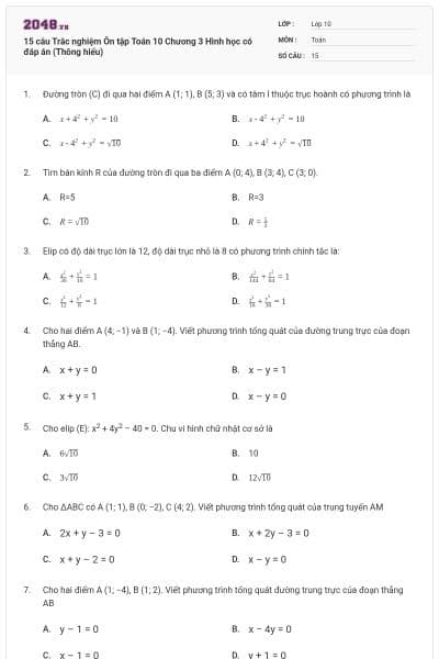 15 câu Trắc nghiệm Ôn tập Toán 10 Chương 3 Hình học có đáp án (Thông hiểu)