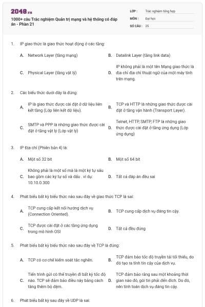1000+ câu Trắc nghiệm Quản trị mạng và hệ thống có đáp án - Phần 21