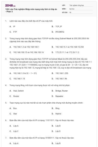 100+ câu Trắc nghiệm Nhập môn mạng máy tính có đáp án - Phần 3