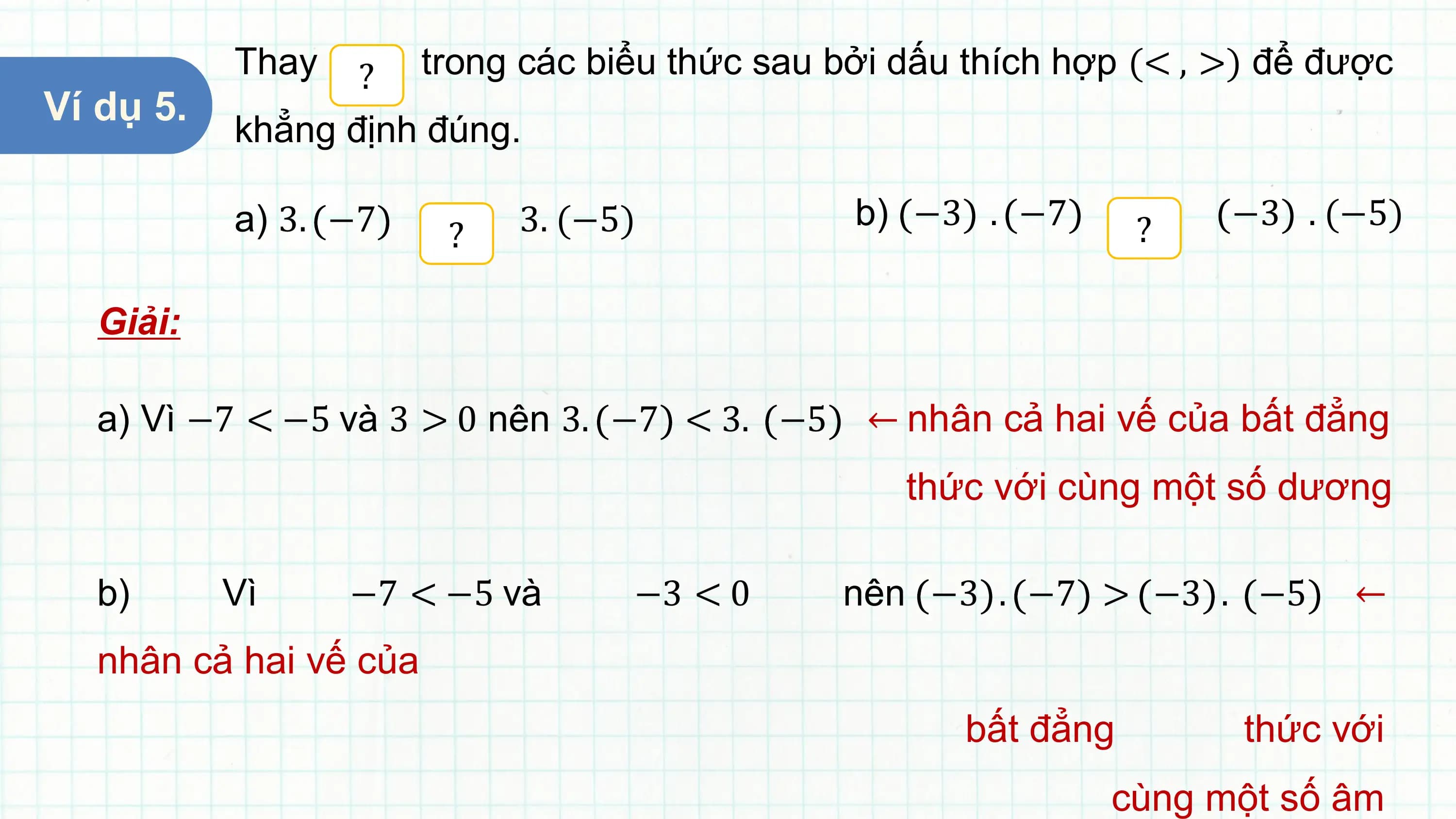 Thay ? trong các biểu thức sau bởi dấu thích hợp (< , >) để được
Ví dụ 5.
 khẳng định đúng.

 a) 3. −7 3. (−5) b) −3 . −7 ? −3 . (−5)
 ?

 Giải:

 a) Vì −7 < −5 và 3 > 0 nên 3. −7 < 3. −5 ← nhân cả hai vế của bất đẳng
 thức với cùng một số dương

 b) Vì −7 < −5 và −3 < 0 nên −3 . −7 > −3 . −5 ←
 nhân cả hai vế của
 bất đẳng thức với
 cùng một số âm