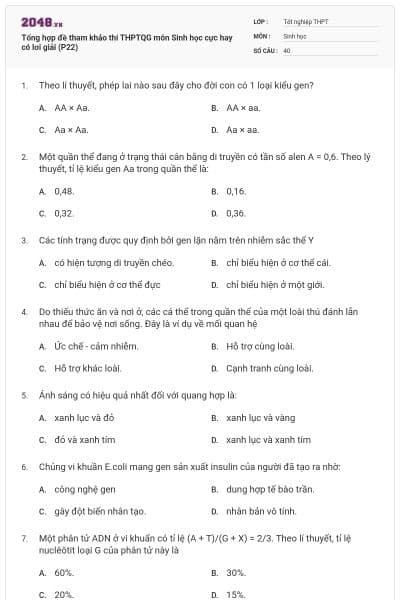 Tổng hợp đề tham khảo thi THPTQG môn Sinh học cực hay có lơi giải (P22)