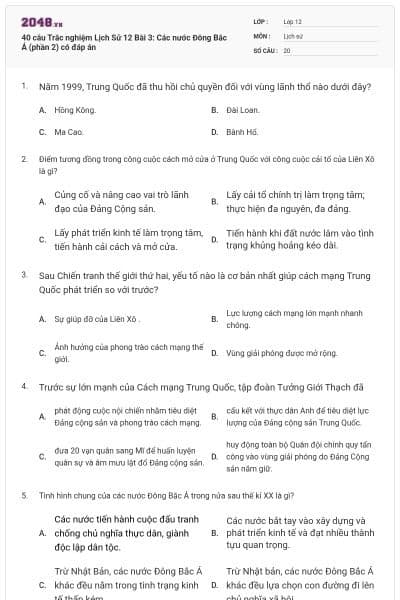 40 câu Trắc nghiệm Lịch Sử 12 Bài 3: Các nước Đông Bắc Á (phần 2) có đáp án