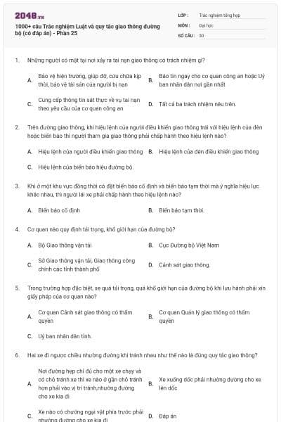 1000+ câu Trắc nghiệm Luật và quy tắc giao thông đường bộ (có đáp án) - Phần 25
