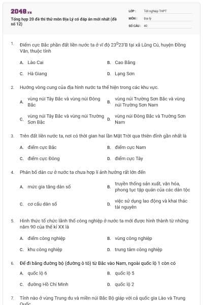 Tổng hợp 20 đề thi thử môn Địa Lý có đáp án mới nhất (đề số 12)
