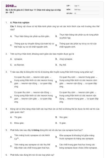 Bộ 3 đề thi giữa kì 2 Sinh học 11 Chân trời sáng tạo có đáp án - Đề 1