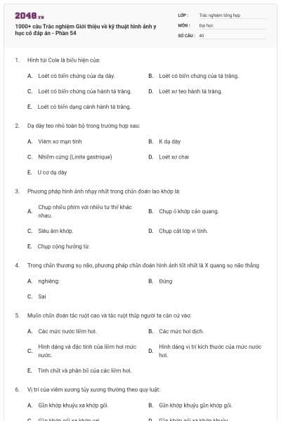 1000+ câu Trắc nghiệm Giới thiệu về kỹ thuật hình ảnh y học có đáp án - Phần 54