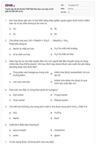 Tuyển tập 20 đề thi thử THPTQG Hóa Học cực hay có lời giải chi tiết (Đề số 6)
