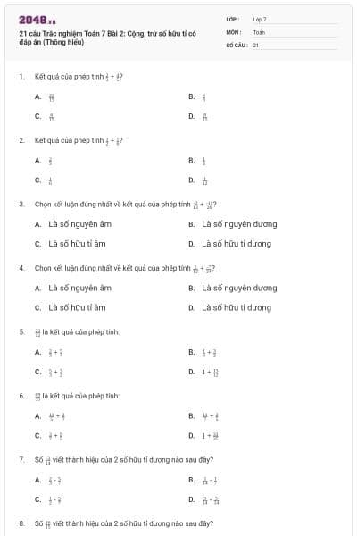 21 câu Trắc nghiệm Toán 7 Bài 2: Cộng, trừ số hữu tỉ có đáp án (Thông hiểu)