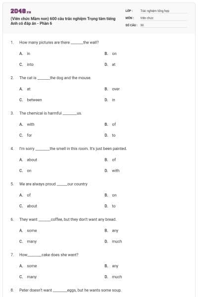 (Viên chức Mầm non) 600 câu trắc nghiệm Trọng tâm tiếng Anh có đáp án - Phần 6