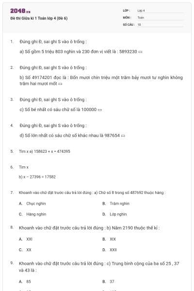 Đề thi Giữa kì 1 Toán lớp 4 (Đề 6)