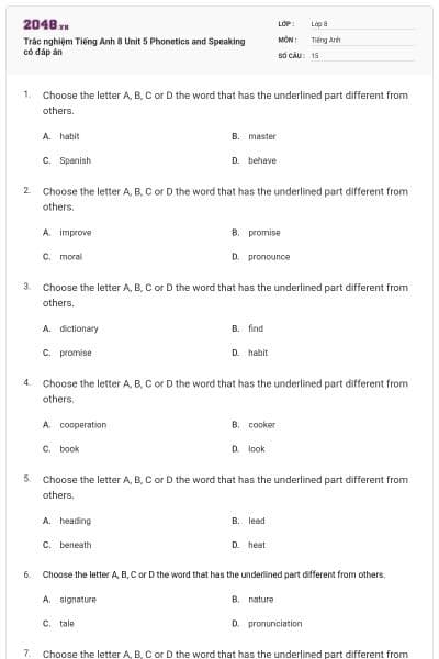 Trắc nghiệm Tiếng Anh 8 Unit 5 Phonetics and Speaking có đáp án