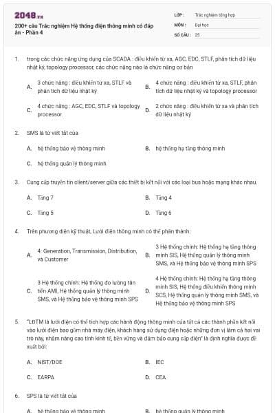 200+ câu Trắc nghiệm Hệ thống điện thông minh có đáp án - Phần 4
