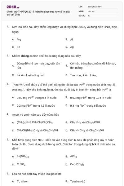 Đề thi thử THPTQG 2019 môn Hóa học cực hay có lời giải chi tiết (P5)