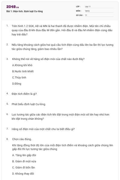 Bài 1: Điện tích. Định luật Cu-lông