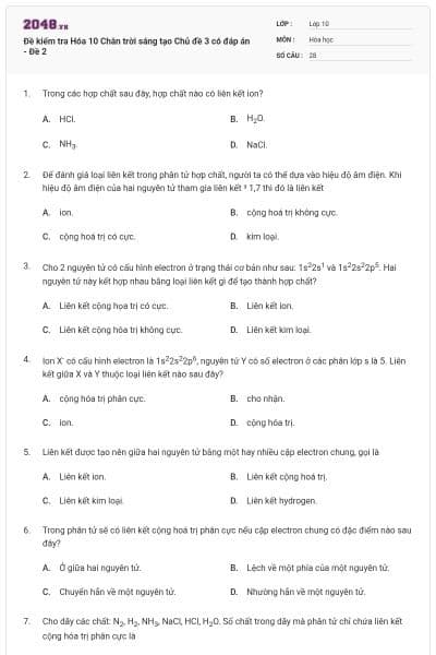 Đề kiểm tra Hóa 10 Chân trời sáng tạo Chủ đề 3 có đáp án - Đề 2