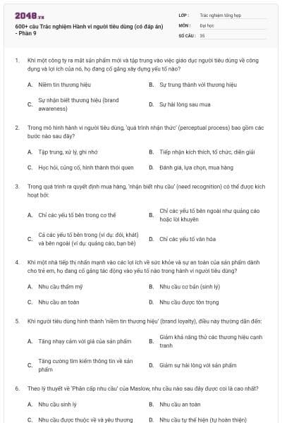 600+ câu Trắc nghiệm Hành vi người tiêu dùng (có đáp án) - Phần 9