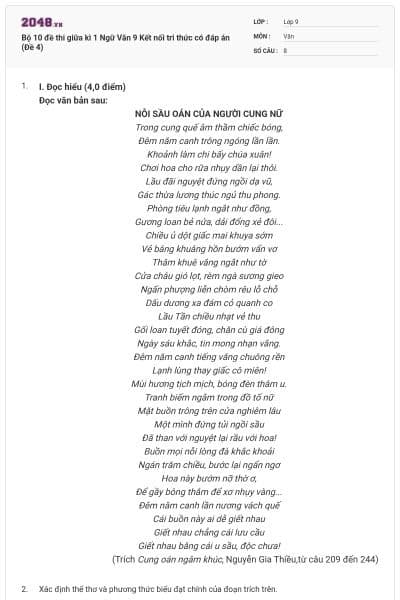 Bộ 10 đề thi giữa kì 1 Ngữ Văn 9 Kết nối tri thức có đáp án (Đề 4)