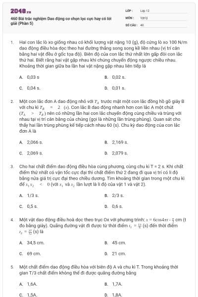 460 Bài trắc nghiệm Dao động cơ chọn lọc cực hay có lời giải (Phần 5)
