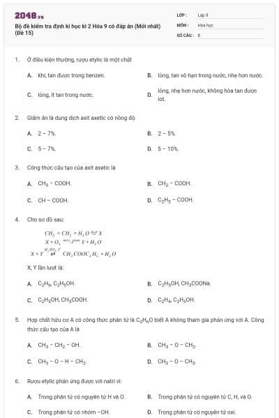 Bộ đề kiểm tra định kì học kì 2 Hóa 9 có đáp án (Mới nhất) (Đề 15)