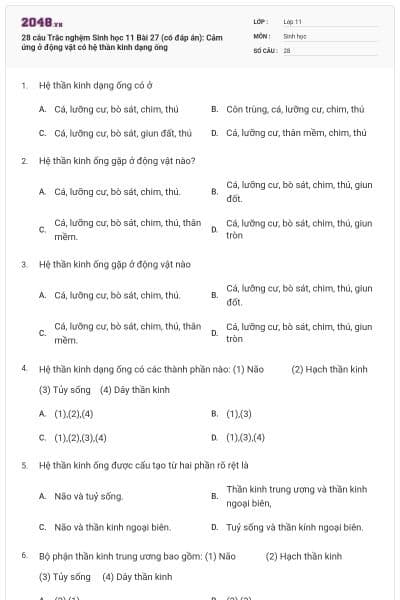 28 câu  Trắc nghệm Sinh học 11 Bài 27 (có đáp án): Cảm ứng ở động vật có hệ thần kinh dạng ống