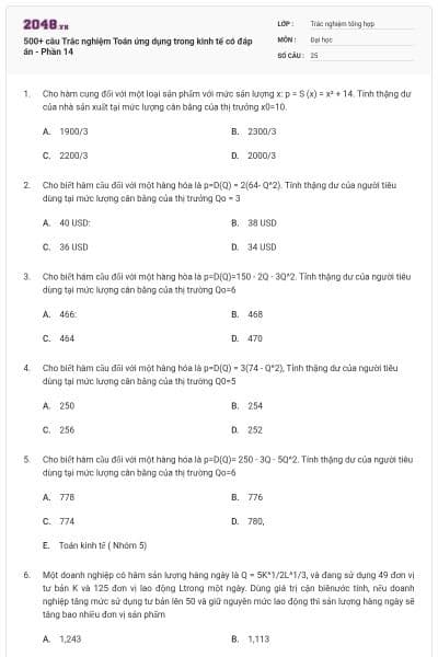 500+ câu Trắc nghiệm Toán ứng dụng trong kinh tế có đáp án - Phần 14