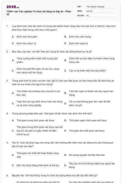 1000+ câu Trắc nghiệm Tổ chức lao động có đáp án - Phần 42