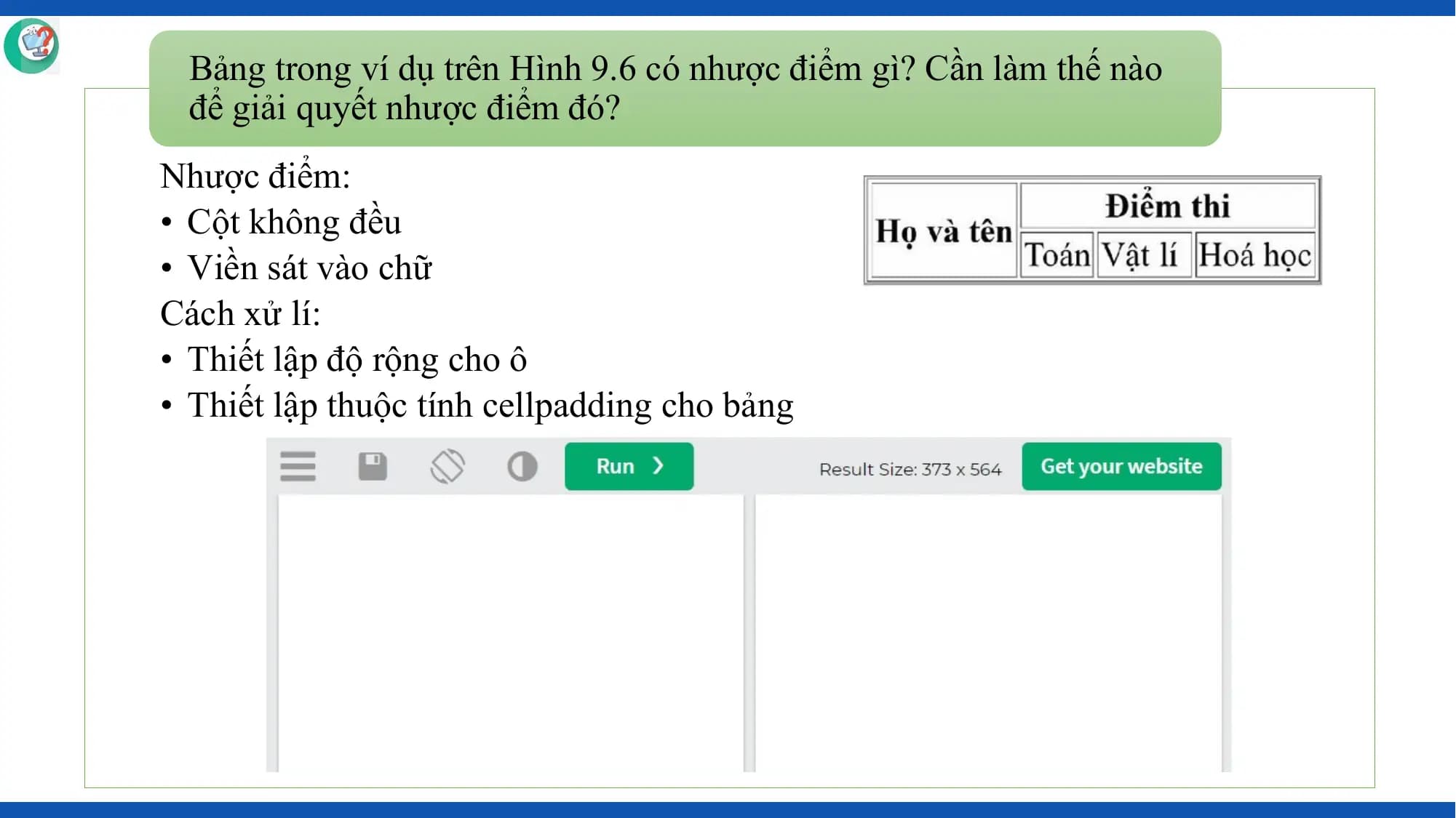 Bảng trong ví dụ trên Hình 9.6 có nhược điểm gì? Cần làm thế nào
 để giải quyết nhược điểm đó?
Nhược điểm:
• Cột không đều
• Viền sát vào chữ
Cách xử lí:
• Thiết lập độ rộng cho ô
• Thiết lập thuộc tính cellpadding cho bảng