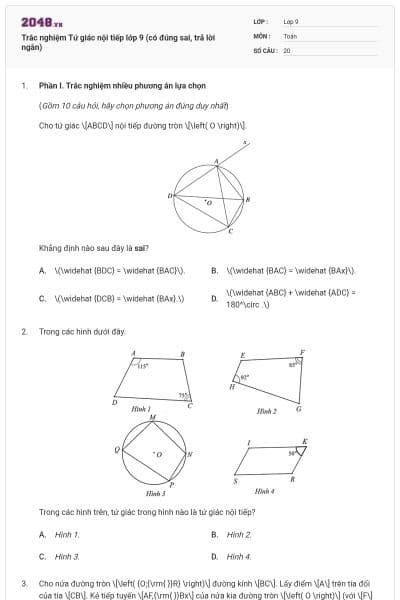 Trắc nghiệm Tứ giác nội tiếp lớp 9 (có đúng sai, trả lời ngắn)