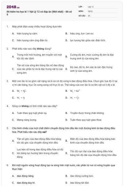Đề kiểm tra học kì 1 Vật Lý 12 có đáp án (Mới nhất) - Đề số 9