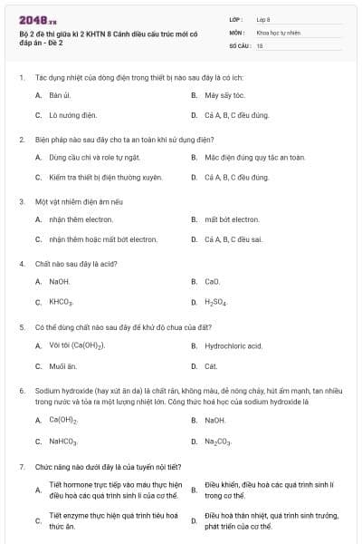 Bộ 2 đề thi giữa kì 2 KHTN 8 Cánh diều cấu trúc mới có đáp án - Đề 2