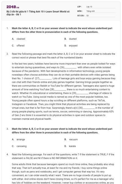 Bộ 3 đề thi giữa kì 1 Tiếng Anh 10 i-Learn Smart World có đáp án - Đề 1