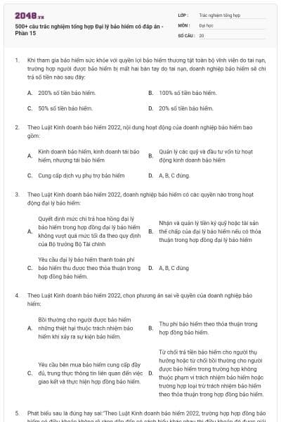 500+ câu trắc nghiệm tổng hợp Đại lý bảo hiểm có đáp án - Phần 15